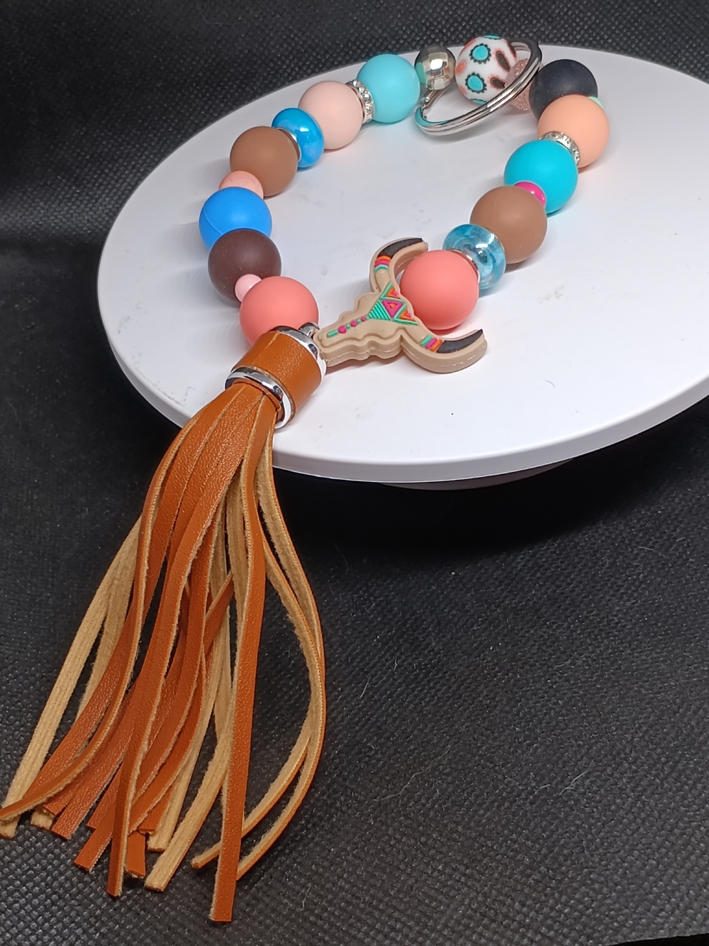 Multicolor Beaded Key & Card Holder with Tan Leather Tassel